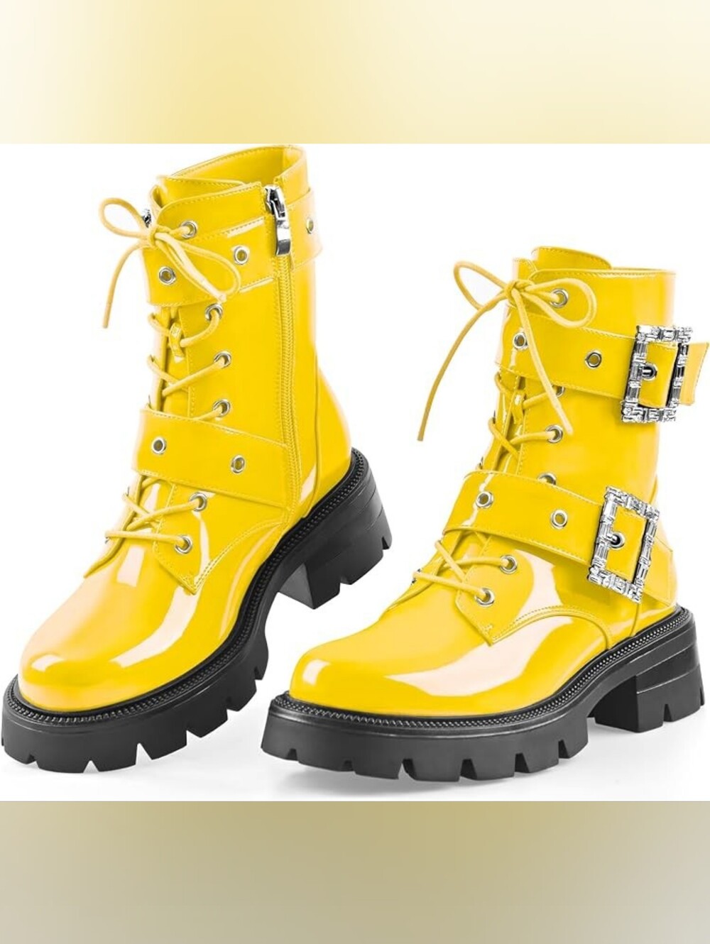 Cool Bold Yellow Patent Faux Leather Lace-Up Buckle Combat Boot